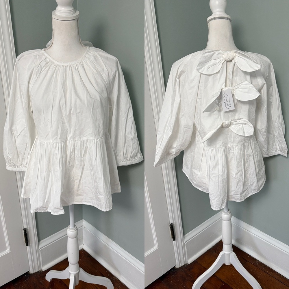 NWT Mud‎ Pie White Peplum Blouse Bow Back Size Small